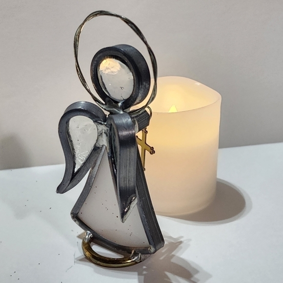 Pewter and Glass tiny Angels holding Goldtone Cross Pink Green Blue - Picture 9 of 15